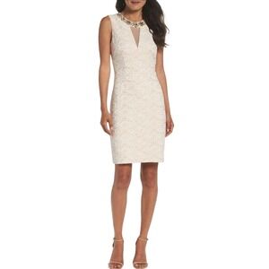 Eliza J Womens Lace Sheath Dress Jewel Neck Embellished Ivory Blush Size 14